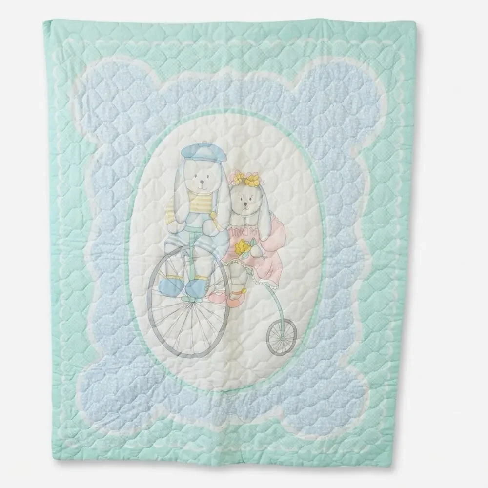 Vtg That's Our Baby Quilted Crib Nursery Blanket Bunnies Parents 80s 90s Pastel